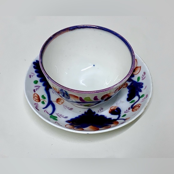 19th Century Antique Gaudy Welsh Grape Pattern Miniature Handleless Cup & Saucer - Picture 14 of 16